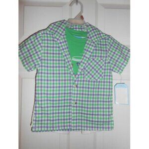 Ellemenno Boys 3 pc Set Button Down Shirt Tee Shirt Shorts Green Plaid 12 Months